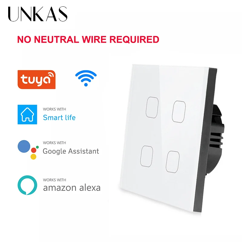 UNKAS No Neutral Wire Required 1 2 3 4 Gang Wifi Wall Light Touch Switch EU 220V Tuya Smart Home Support Alexa Google Home