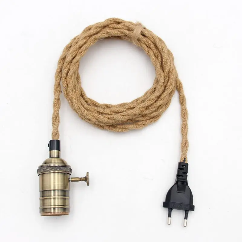 2m 3m  AC Power Cords Hemp Jute Rope Cable With EU Plug E26/ E27 Screw Vintage Lamp Bulb Holder For Hanging Lights