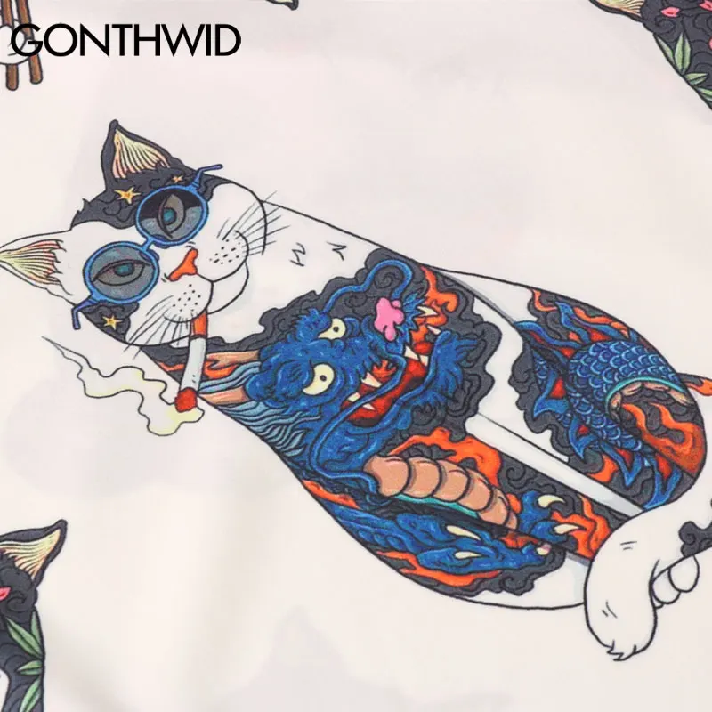 GONTHWID Hawaiian Beach Shirts Harajuku Japanese Tattoo Cat Print Shirt Streetwear Fashion Hip Hop Tropical Short Sleeve Tops