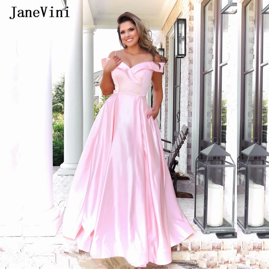 JaneVini – robe de bal trapèze en Satin rose, longue, avec poches, épaules dénudées, longueur au sol, robes formelles simples, grande taille, 2020