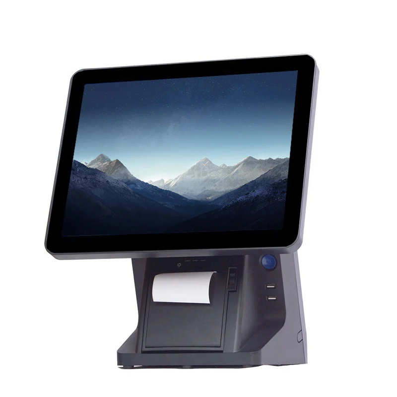 

POS System black touch screen POS machine 15 inch high quality POS terminal with 80mm printer VFD cashier