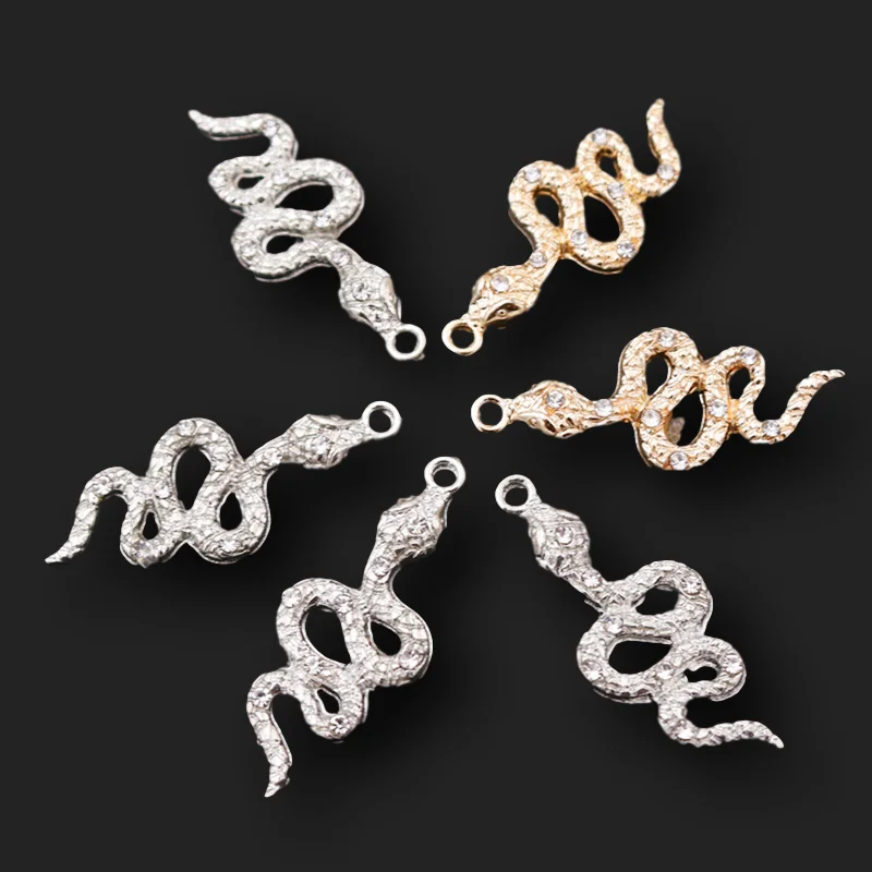 8pcs Handmade Rhinestone Snake Metal Pendants DIY Charms Necklace Earring Jewelry Crafts Making For Woman 35*15mm A2221