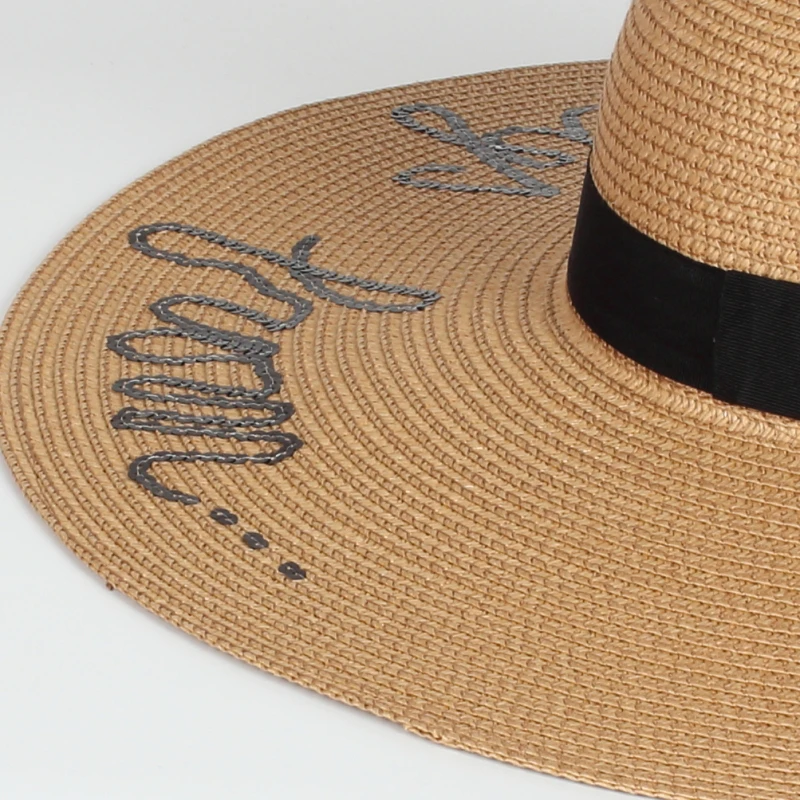 Wholesale alphabet Applique Wide brim Women and Lady Summer beach paper floppy Straw hats