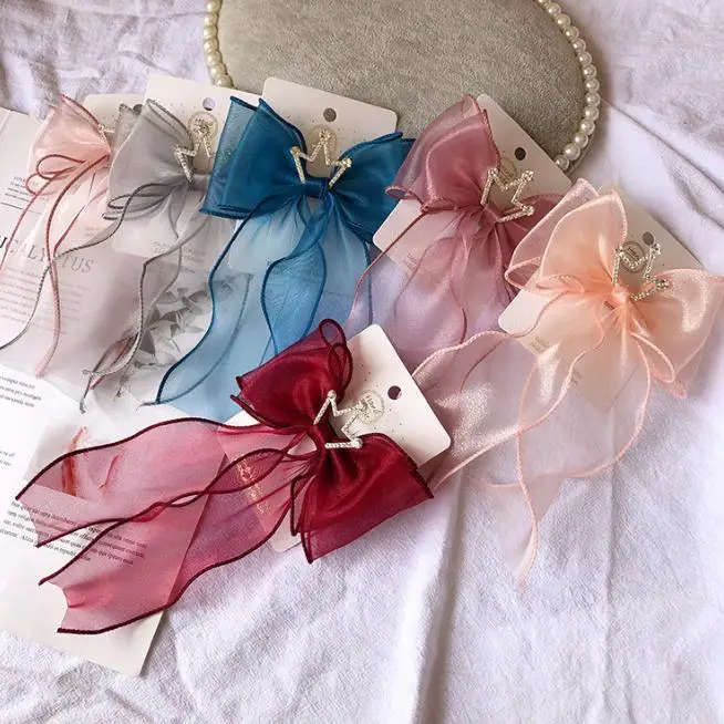 Women Korean Soft Mesh Hair Bows Crystal Rhinestone Crown Girls Hair Clips Adorable Princess Birthday Party Hair Accessories