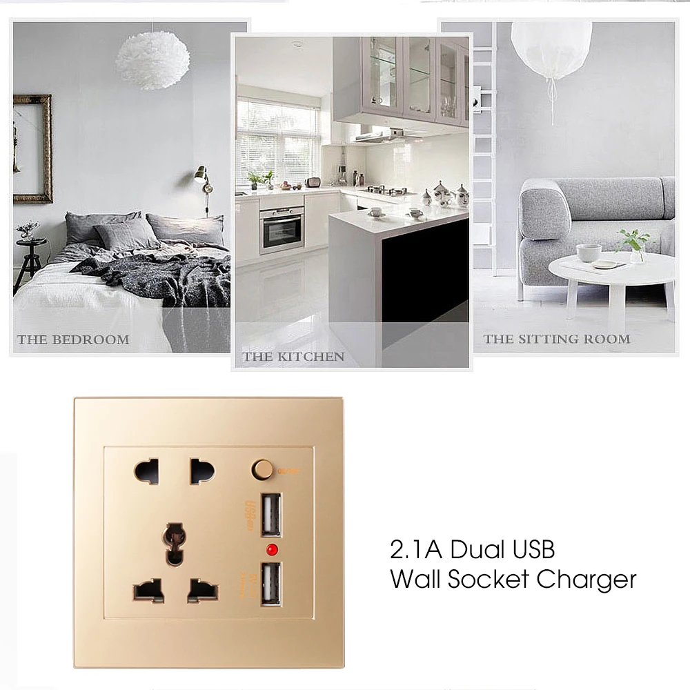 Wall USB Socket Outlet 2.1A 5V Power Outlet With Dual Usb Home Plug Charger Power Socket White Black Gold