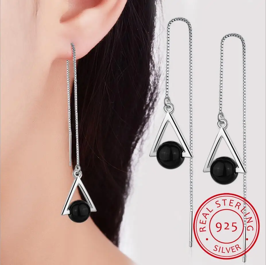 Beautiful Triangle Geometric 925 Sterling Silver Jewelry Long Exaggerated Natural Black Crystal Tassel Dangle Earrings For Women