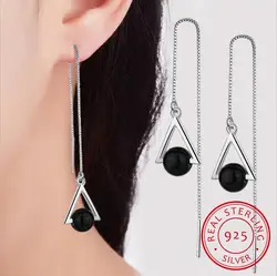 Beautiful Triangle Geometric 925 Sterling Silver Jewelry Long Exaggerated Natural Black Crystal Tassel Dangle Earrings For Women