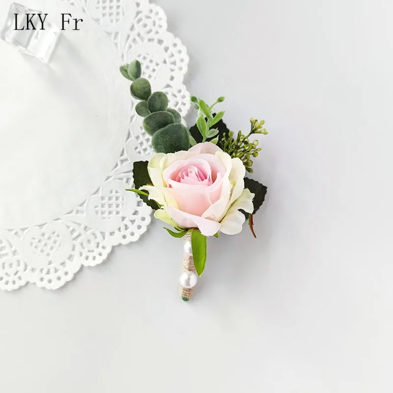 LKY Fr Boutonniere Pin Wedding Corsage Bracelet Bridal White Pink Roses Silk Flower Marriage Accessories Groom Buttonhole Brooch