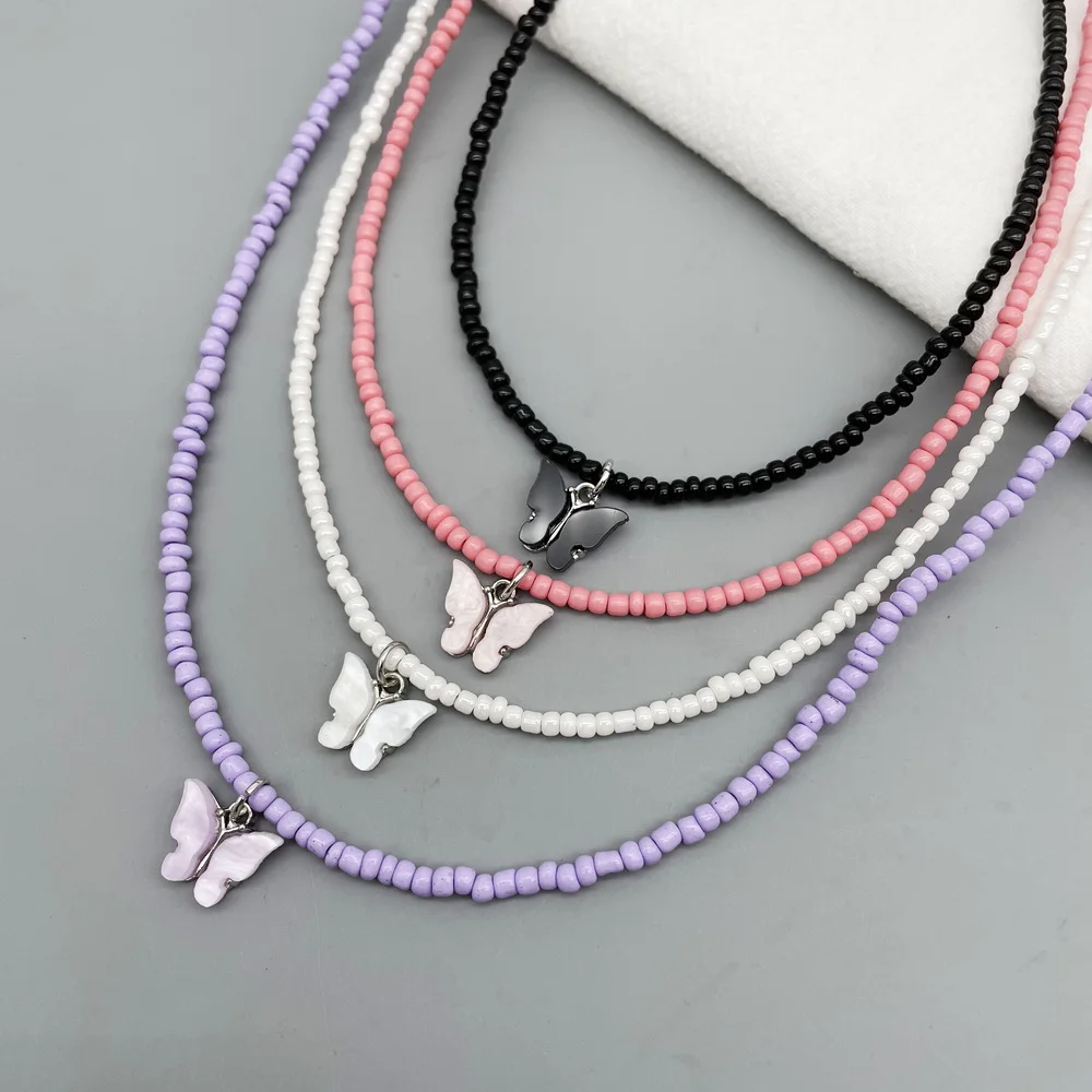 2021 New Cut Butterfly Pendant Necklace For Women Girls Boho Seed Beads Strand Women Necklace Jewelry For Vacation Beach Gift
