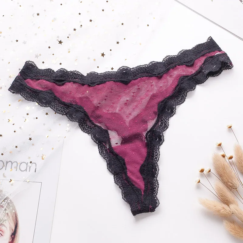 Women's Transparent Lace Wave Point T-pants Ultrathin Color Blocking Mesh Yarn Lady thong Antibacterial Cotton Crotch G-string