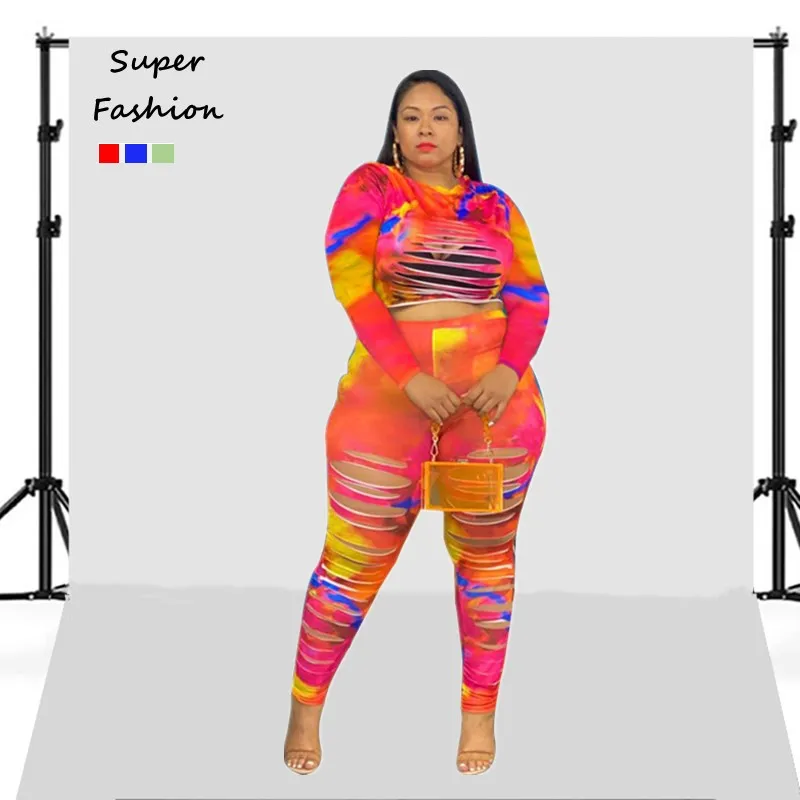 XL-5XL Plus Size Sets Fashion 2022 Hole Tie Dye Long Sleeve 2 Two Piece Pants Suits Sexy Women Outfots Wholesale Dropshipping