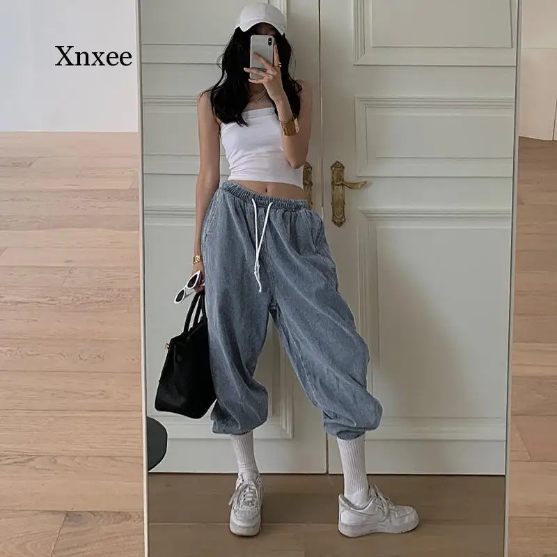 Drawstring High Waisted Blue Mom Woman Jeans Sweatpants 2021 Wide Trousers Pants Joggers Women Femme Streetwear Capri Clothing