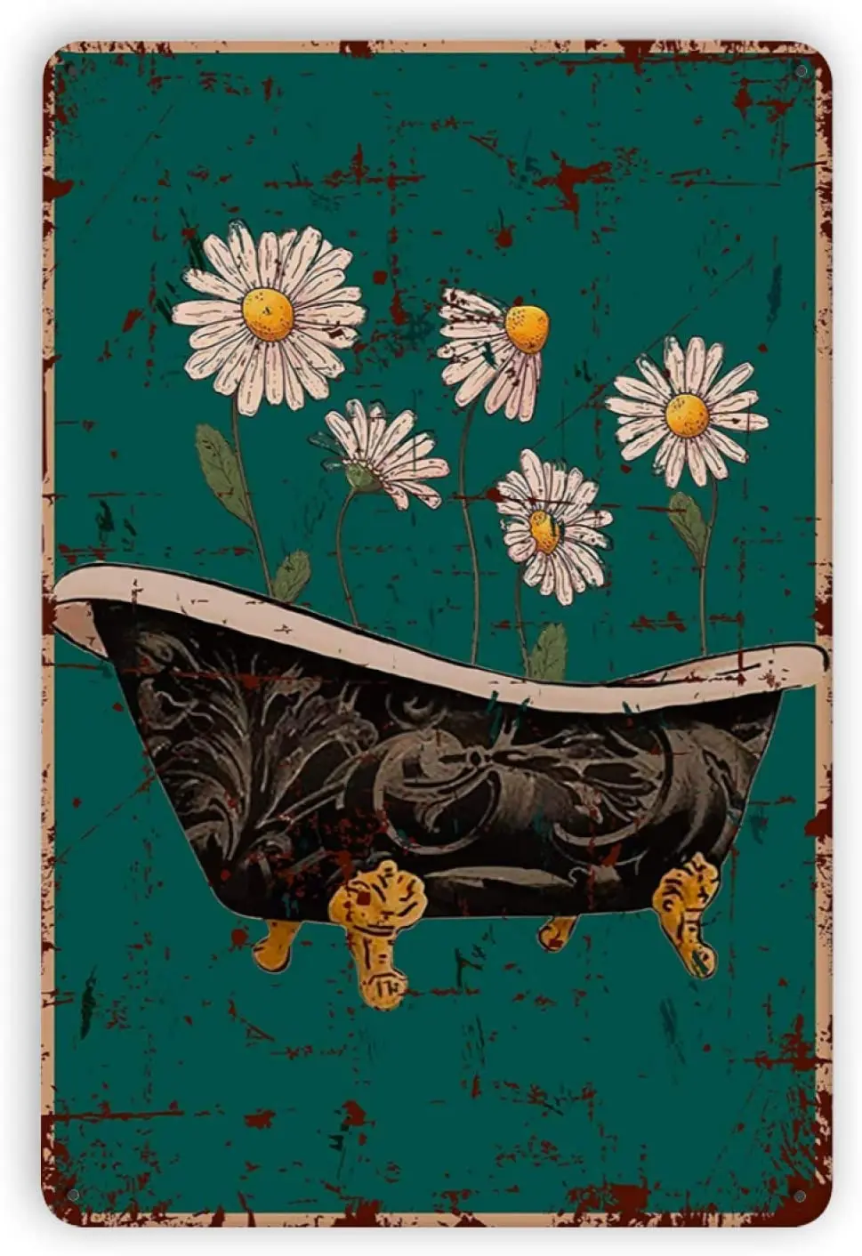 

Ovonetune Bathtub Daisy Flower Vintage Metal Tin Signs, Retro Art Tin Sign Decorations Plaque fo Bars Club Cafe Home Kitchen