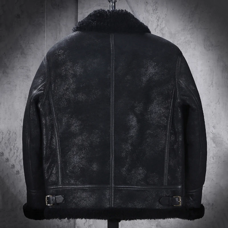 New Mens B3 Shearling Jacket Black Leather Jacket Short Fur Coat Fashion Motorcycle Jacket Thicken Sheepskin Coat