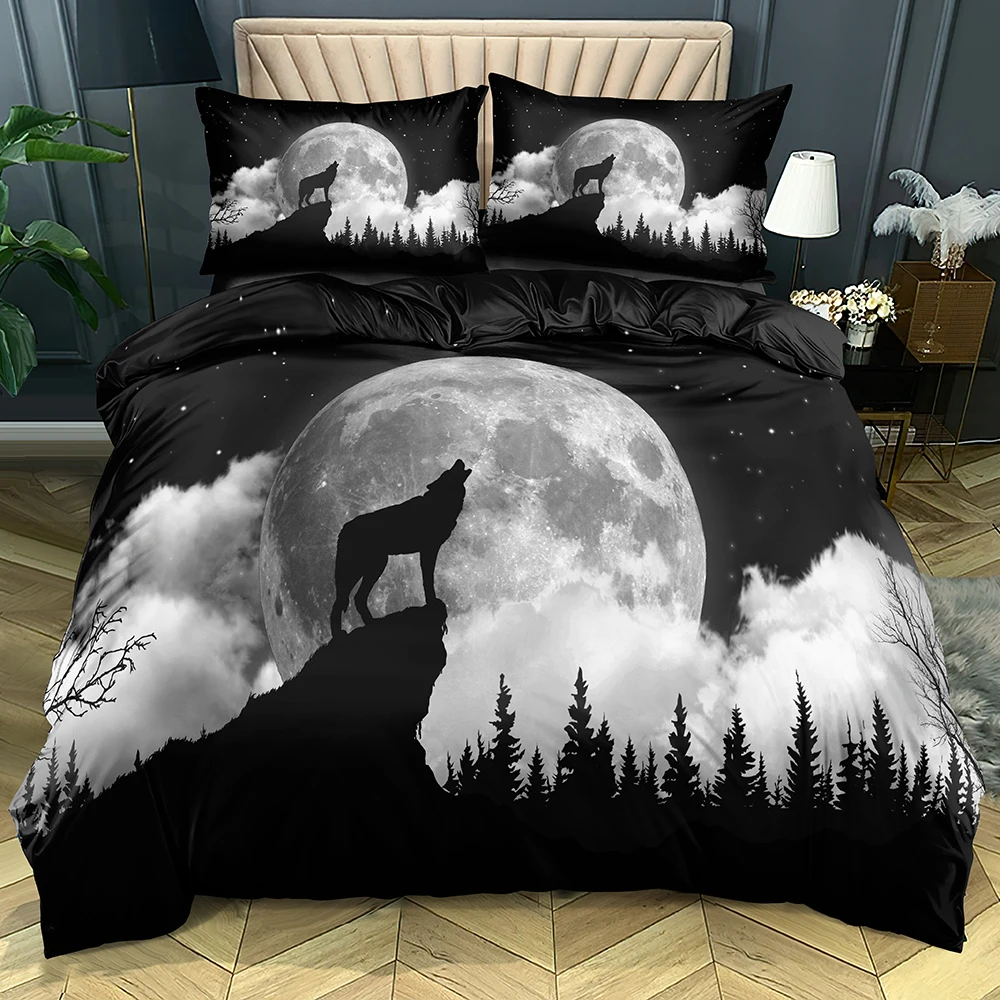 

3D Black Quilt Cover Sets Custom Design Wolf Comforter Covers Pillow Slips King Queen Super King Twin Size Animal Bedclothes