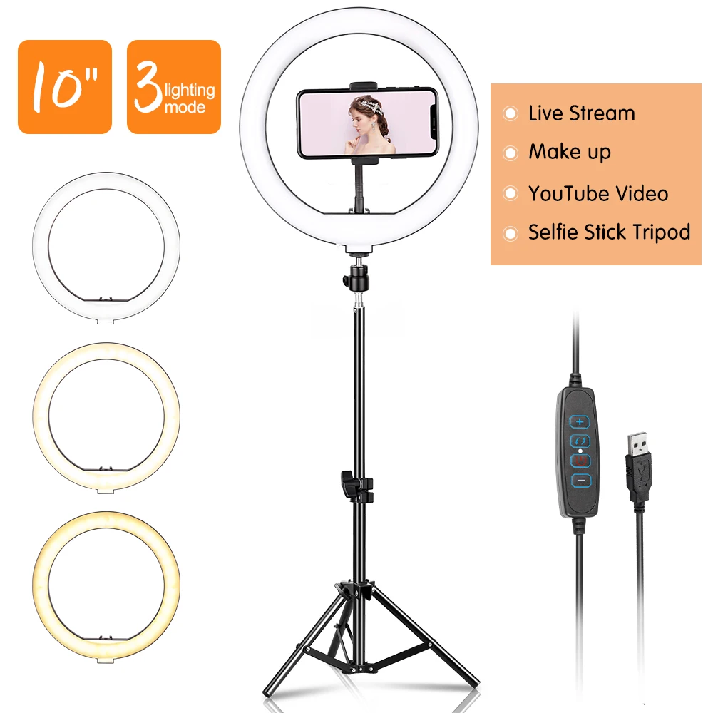 

SH 10 Inch Selfie Ring Light with Tripod Stand Cell Phone Holder for Live Stream Makeup Dimmable Led Camera Beauty Ringlight