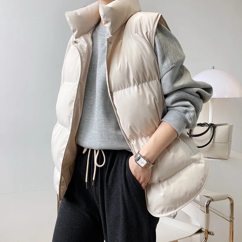 Stand Neck Puffer Cotton Vest Beige Black Autumn Winter Loose Vest Women Jacket