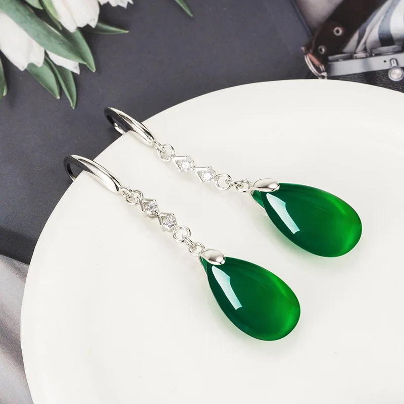 Fashion Earrings Silver 925 Jewelry with Green Agate Gemstone Ethnic Style Drop Earrings for Women Mother Wedding Party Gift