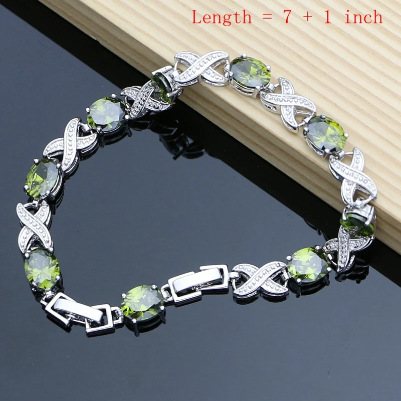 Women 925 Sterling Jewelry Sets Olive Green Topaz Long Earrings Bracelet Necklace Sets Wedding Anniversary Party Gift for Her