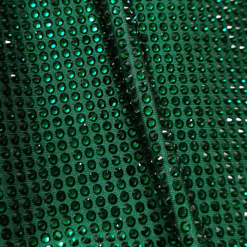 Customized Tailored Dress Luxury Crystal Fabric Hot Fix Green Planet Rhinestone Polyester Spandex Fabric Stretch Dancing Elastic