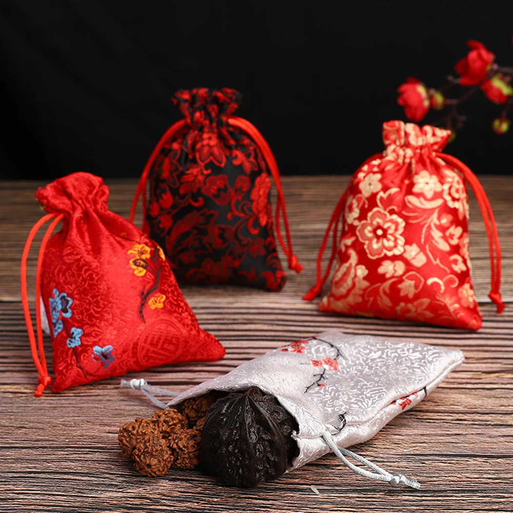 Satin Embroidered Vintage Storage Bag Christmas Drawstring Adjustable Wedding Birthday Jewllery Packing Gift Bags Pouches