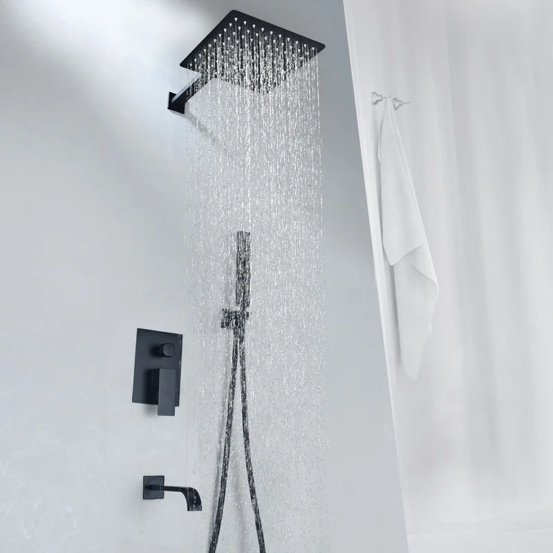 Black Rainfall Shower Faucet Set Wall Mounted Stainless Steel Shower Mixer Tap Concealed Install Bathtub Shower Taps