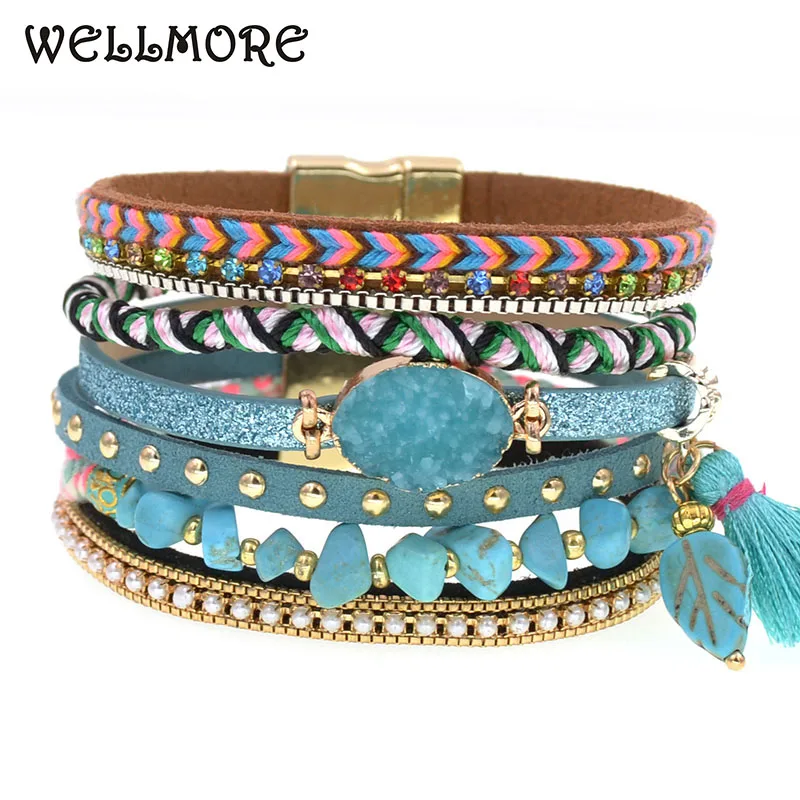 WELLMORE bohemia bracelets for women stone leather bracelets 3 size multilayer charm Bracelets & Bangles Female fashion Jewelry