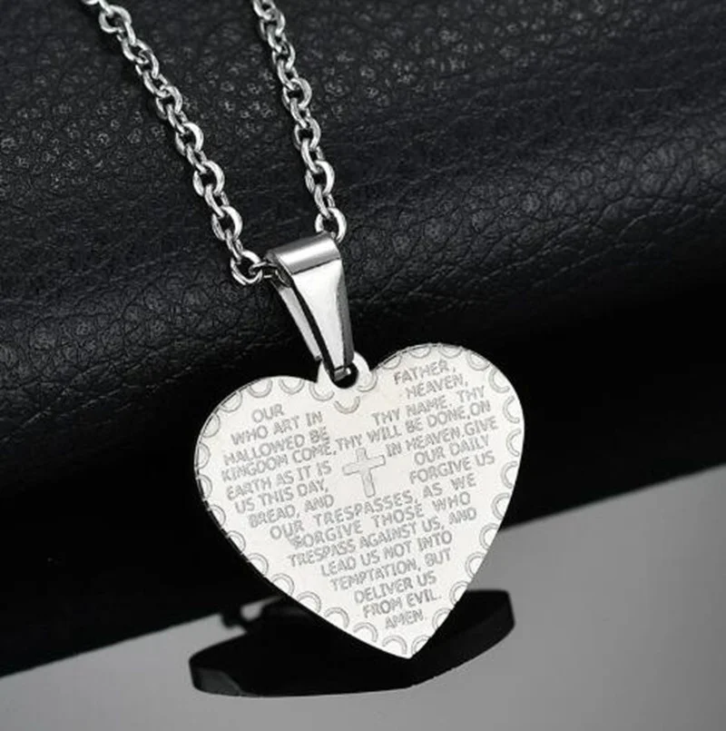 Men Women Fashion Simple Heart Shape Carved Bible Text Pendant Necklace Couple Pendants Christian Accessories