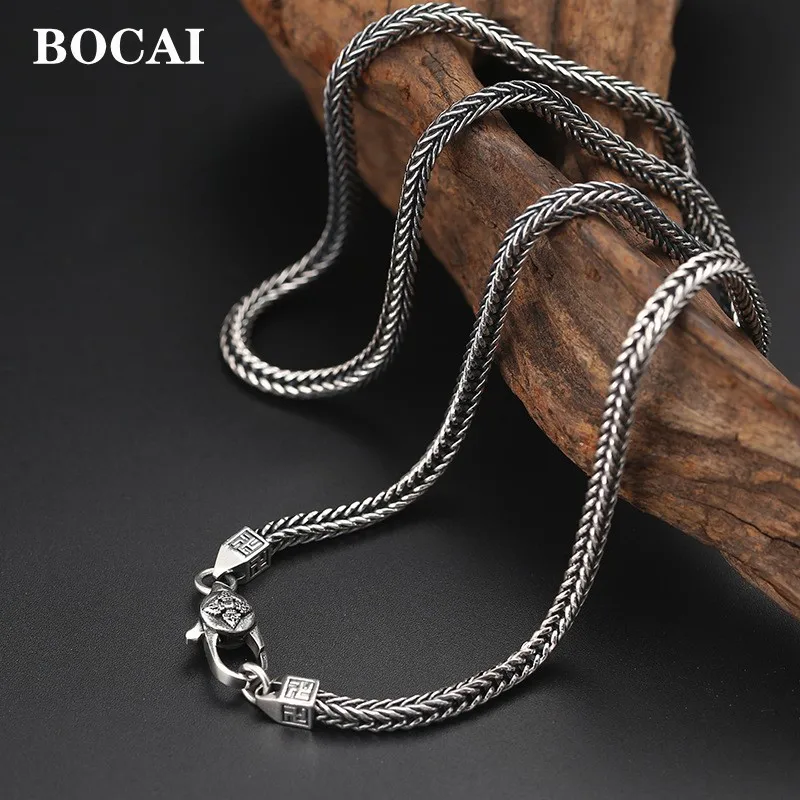 

4MM BOCAI 2022 New Pure S925 Silver Jewelry Trend Personality Vajra Foxtail Chain Retro Fashion Men and Women Horsewhip Necklace