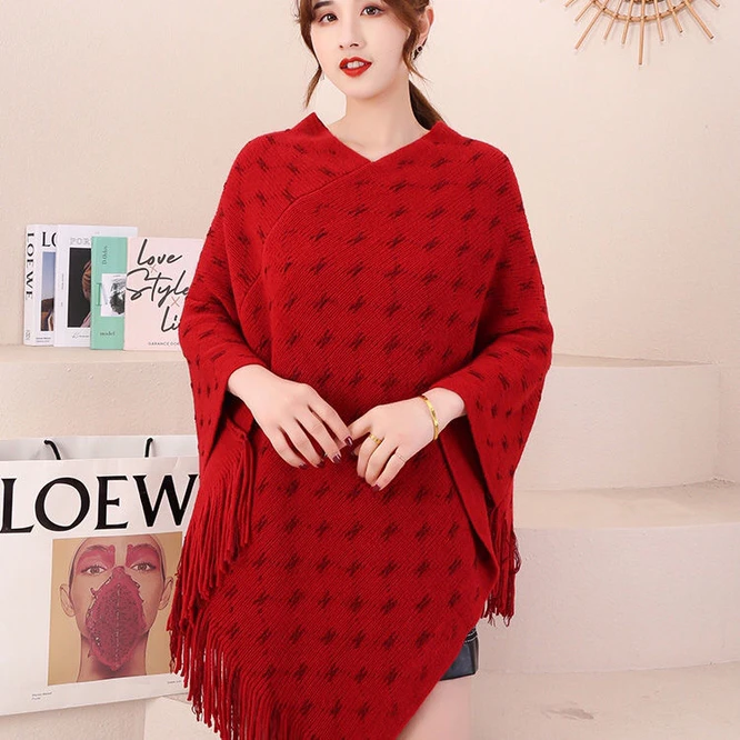 Fringe Bohemian Poncho  Winter Knitted Clothing  Oversied Cape Loose Vintage Sweater Jumper Geometry Women Girl Red