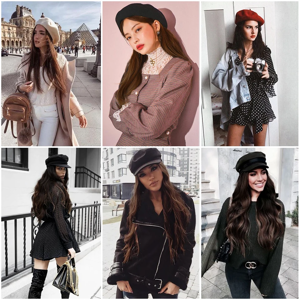 AILIADE Synthetic Long Straight Wavy Wigs with Beret Hat Navy Hat Knitted Hat Fashion Autumn Winter Cap Hair Wig Hair Extensions