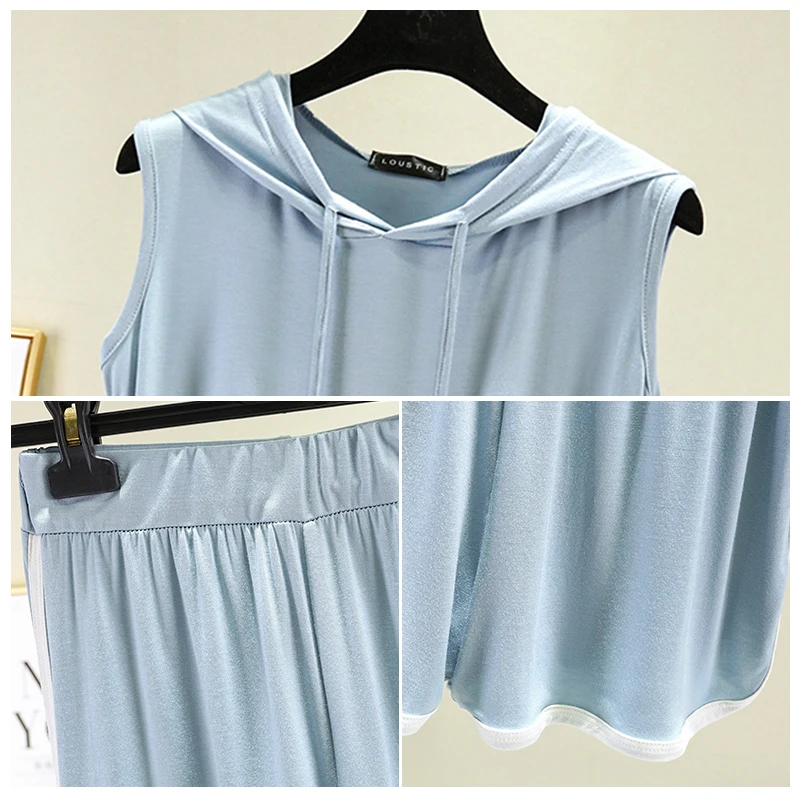 New Ensemble Femme 2 Pièces Women Pyjamas Summer Modal Home Suits Female Cotton Hooded T-Shirt +Loose Shorts Pants Tracksuits
