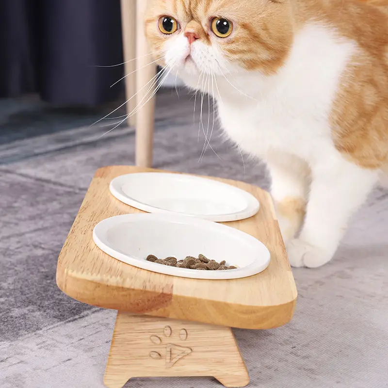 Cat Bowl Ceramic Solid Wood Bowl Rack Cat Food Bowl Cat Rice Bowl Cat Bowl Feeding Tableware Cat Food Basin Pet Supplies