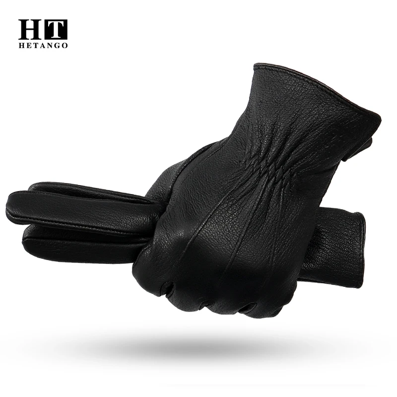 New Men's Winter Genuine Leather Gloves Outdoor Warmth Soft Classic Line Design Deerskin Mittens 70% Wool Lining Free Shipping