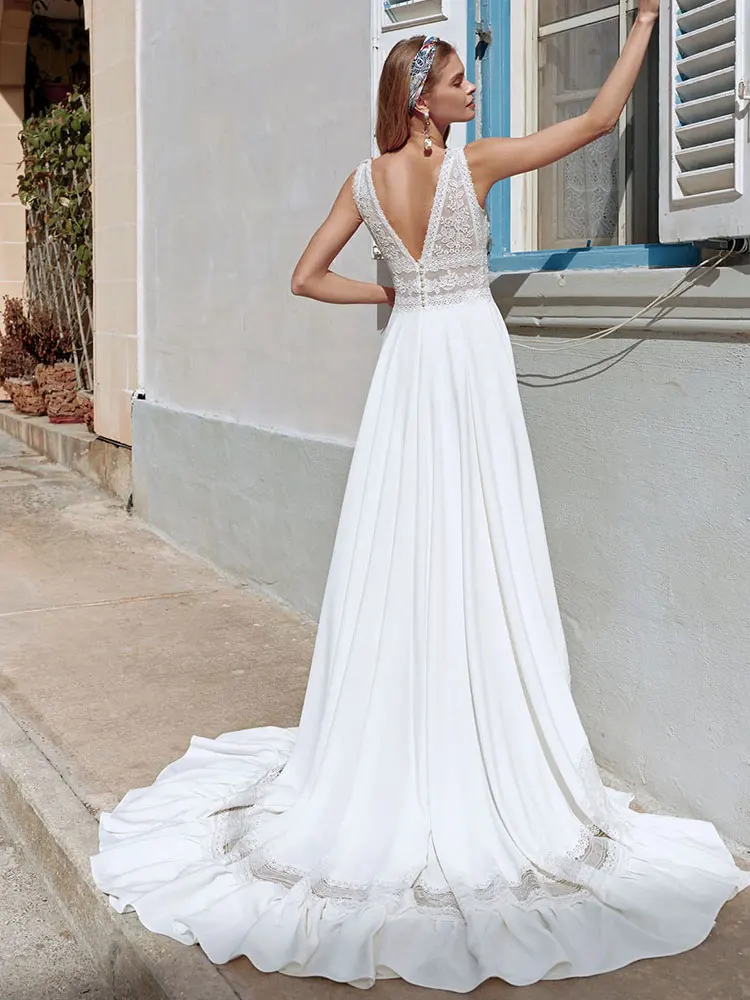 Vestido de novia sencillo para playa, Apliques de encaje con cuello en V, vestidos de novia de princesa de gasa para mujer, sin mangas, bohemio, personalizado, 2022