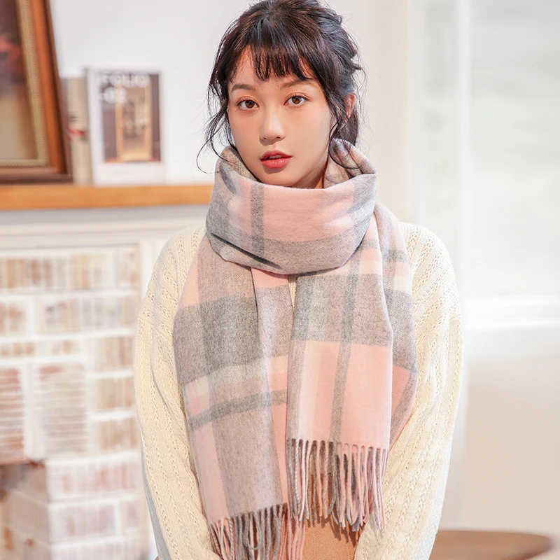 

Women Wool Scarf Winter Lattice Shawls and Wraps Ladies Thick Warm Long Neck Scarf Fine Sheep Wool Pashmina Plaid Blanket Scarf