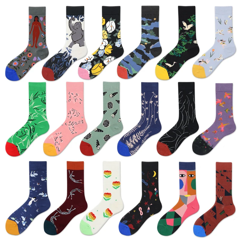 Women Socks Funny Cute Cartoon Elephant Avocado Bird Abstract Printed Happy Japanese Harajuku Hip Hop Skate Socks For Spring