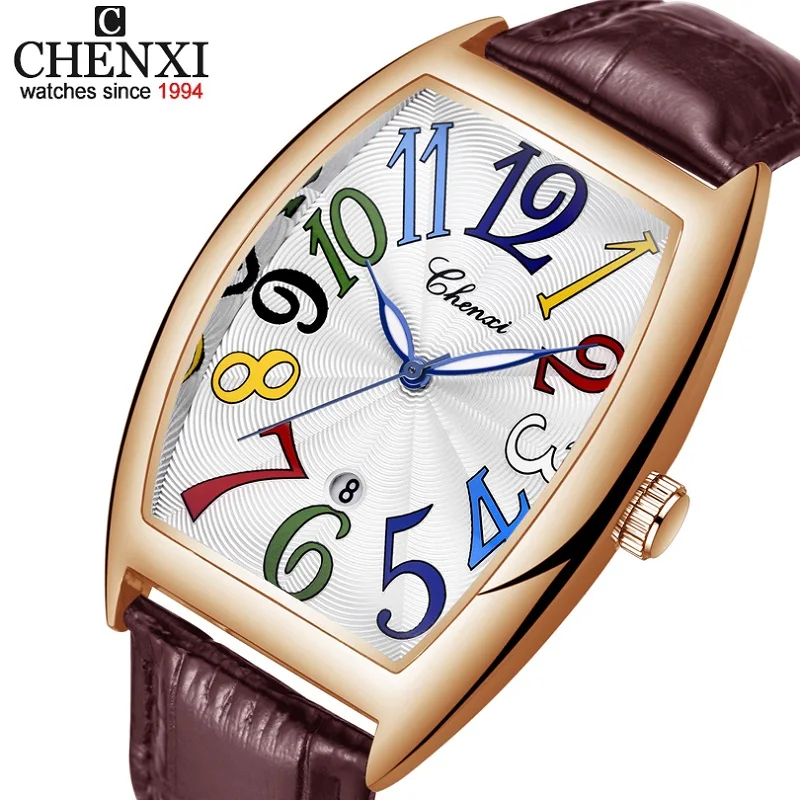 Men Watches Top Brand Luxury CHENXI Tonneau Watches Men Leather Band Auto Date Quartz Wriswatches Fashion Business Watch 2021