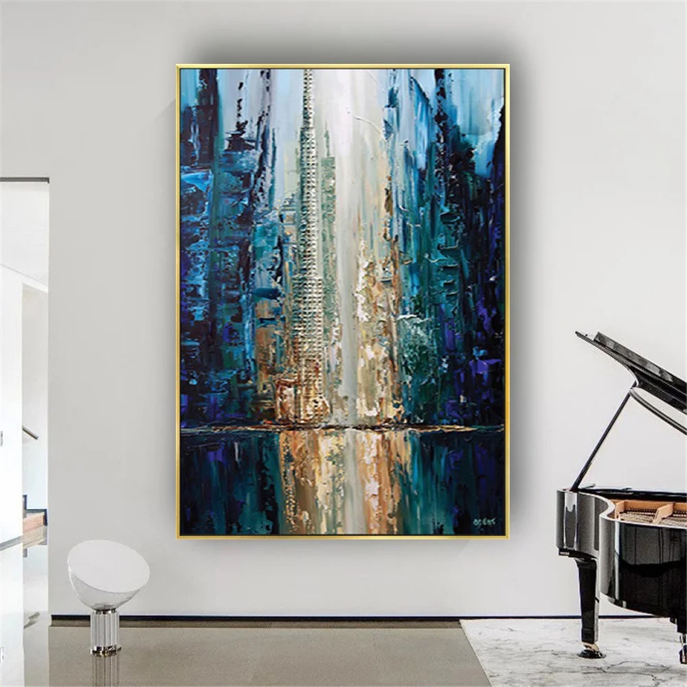 

Modern Abstract Style Wall Art Canvas Oil Paintings Blue City Home Decor Picture Drawing For Living Room Exhibition Fabric Mural