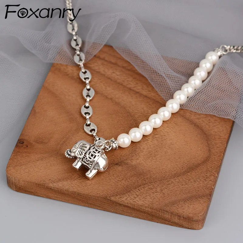 FOXANRY Silver Color Necklace for Women New Trendy Elegant Vintage Pearls Chain Elephant Pendant Party Jewelry Lover Gift