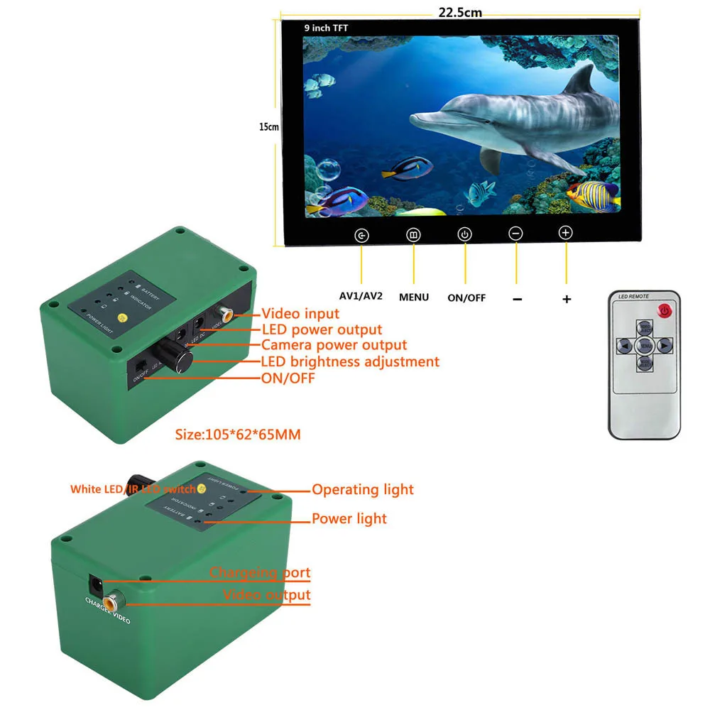 9 인치 15M/30M 어군 탐지기 수중 낚시 카메라 a15pcs 적외선 램프 1080P + 얼음 낚시용 흰색 led 15pcs