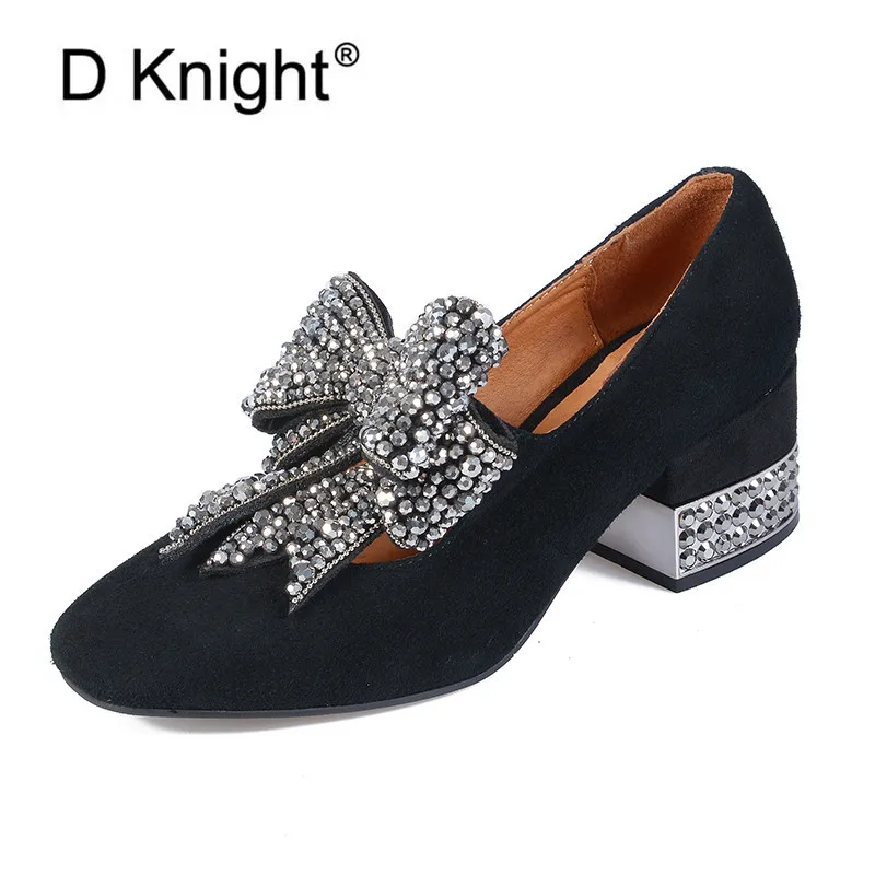 2020 Spring New Women Pumps Shoes Black Suede Rhinestone Bow Ladies Single Shoes Retro Square Head High Heels Runway Shoes Women