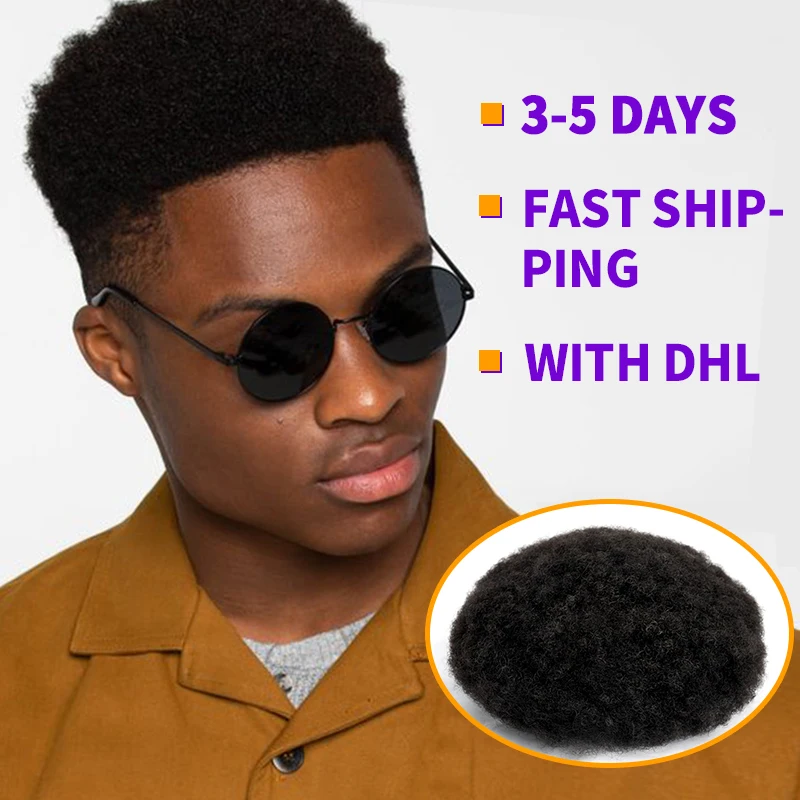 Mongolian Afro Curly Men's Wig Thin Skin PU V-Looped Toupee Hair System For Black Men Natural Black 0.06mm Hair Repalcement