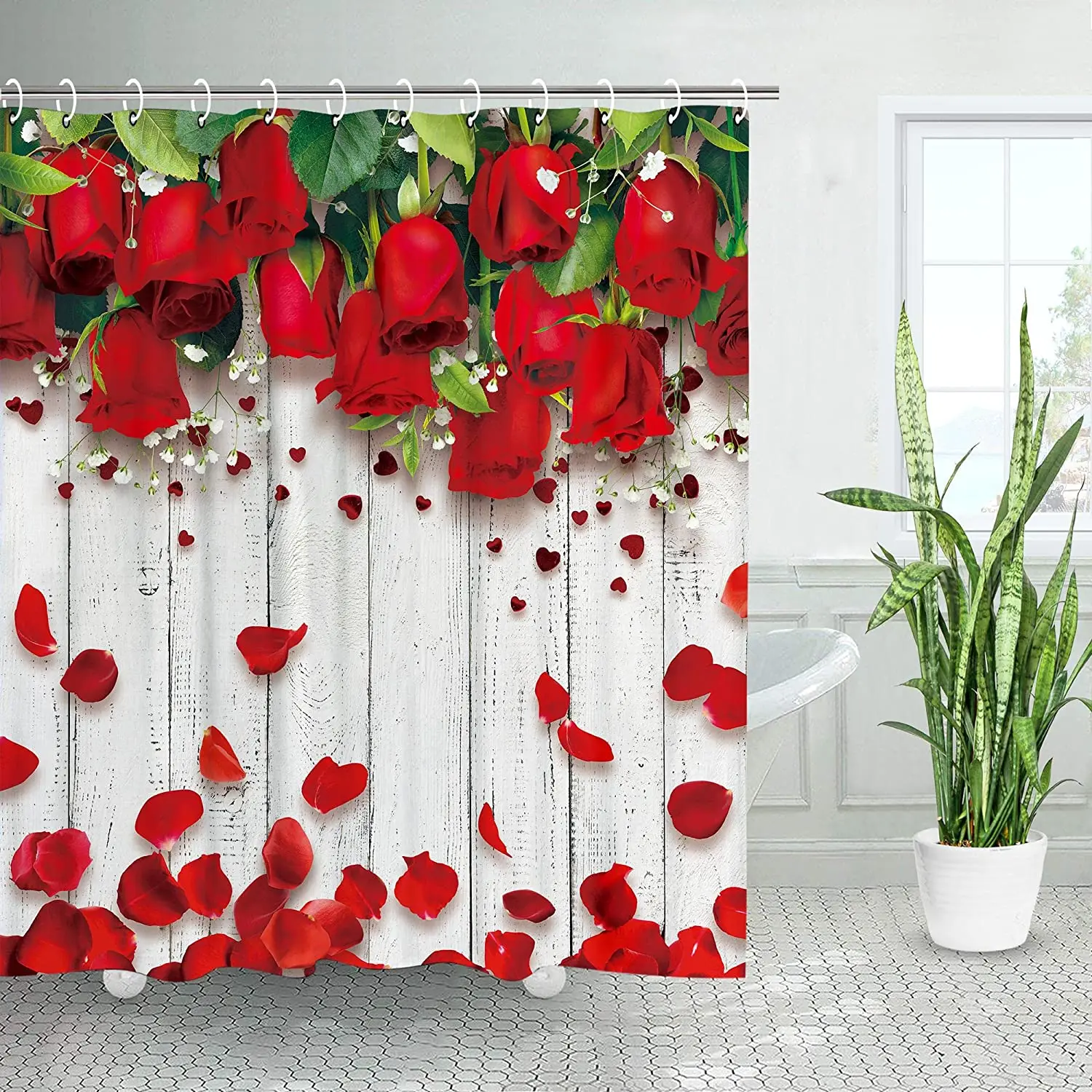 

Red Rose Shower Curtain Natural Flowers Green Leaves Petal Valentine's Day Bathroom Decor Polyester Fabric Girl Woman Gift Hooks