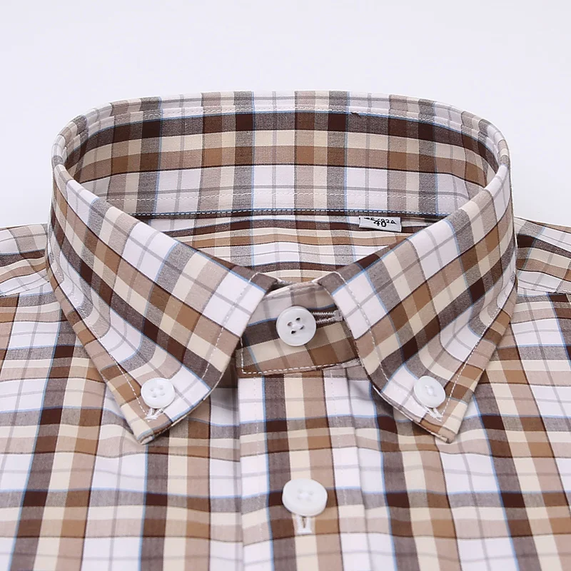 Men's Short Sleeve Plaid Checkered Bamboo Fiber Shirts Pocket-less Design England Style Casual Standard-fit Button-down Shirt