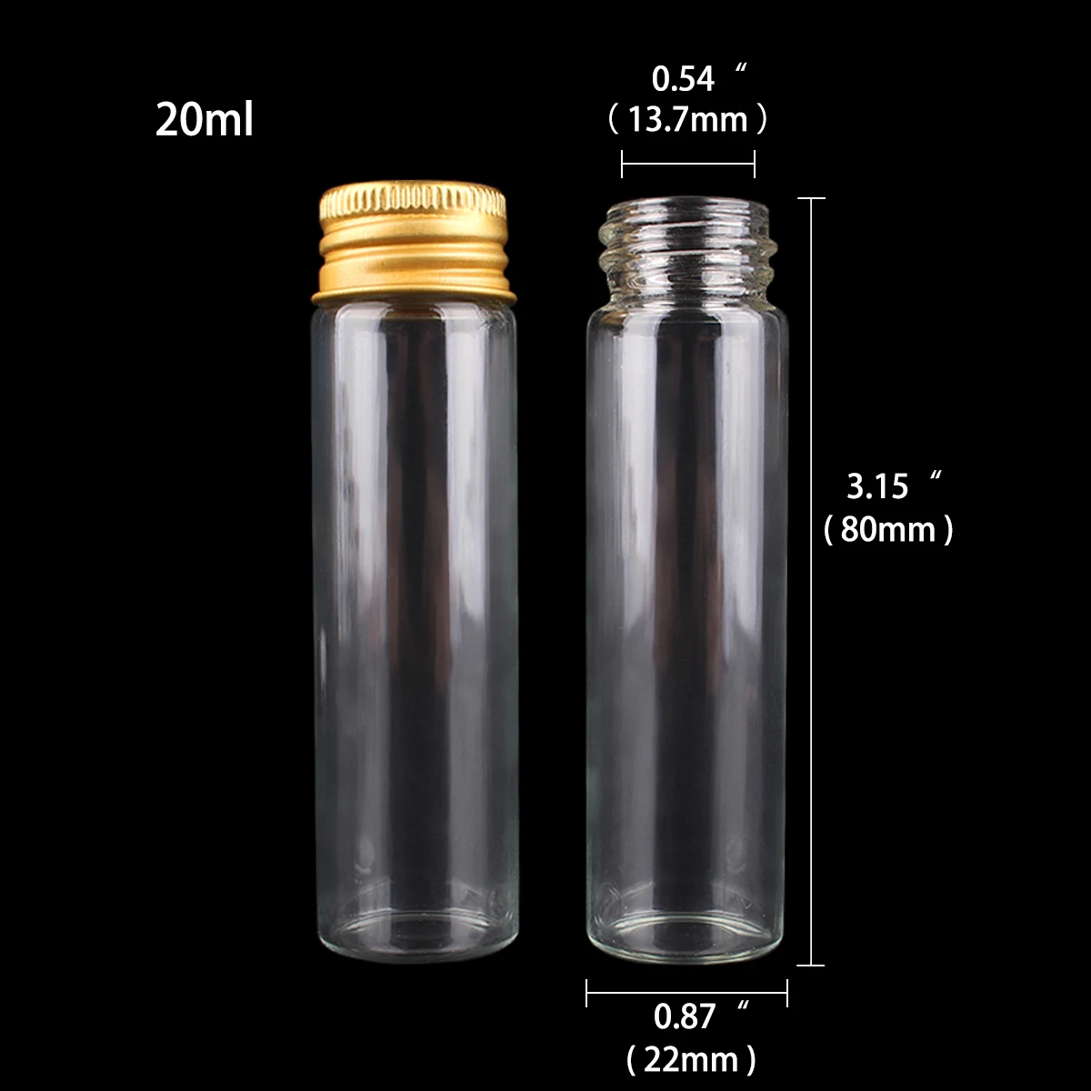 24 pieces 20ml Transparent Glass Spice Bottles Jars with Golden Aluminum Lids 22*80mm for Art Craft Wedding Favors