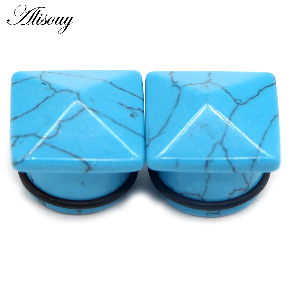 Alisouy 2Pc Hot ear expansion square-shaped stone fashion tunnel jewelry earrings piercing expander ear Plug Jewelry