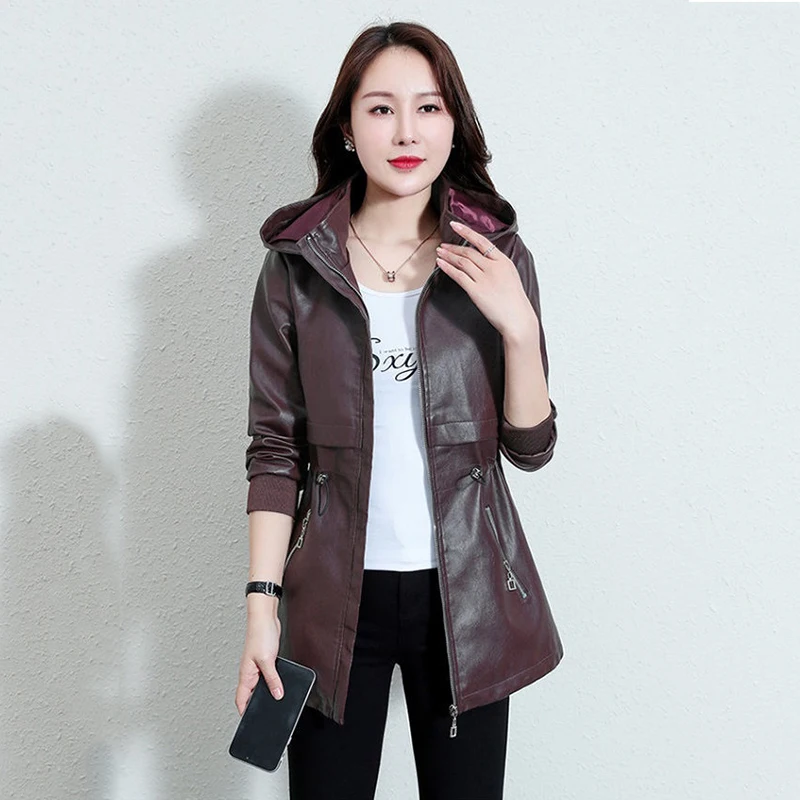 Chic Women Leather Coat Long Sleeve Hooded Woman Zipper Biker Jacket Fashion 2021 Luxury Spring Autumn British Style outerwer