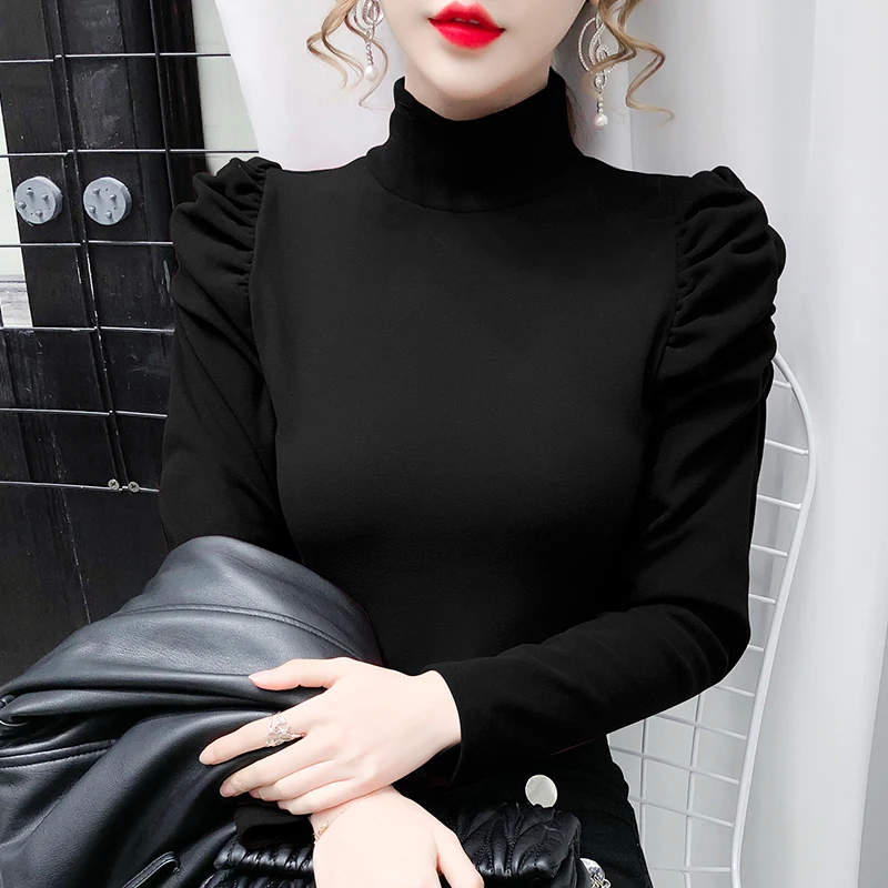 Women T-shirt Spring Autumn Turtleneck Clothes Ribbed Long Puff Sleeve Crop Tops Tees Female Slim Black White Tops