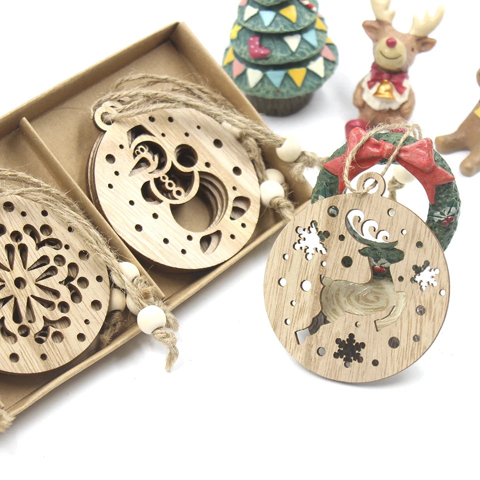 12PCS/Box Vintage Hollow Christmas Wooden Pendants  Xmas Tree Ornament DIY Wood Crafts Kids Gift for Home Xmas Party Decorations